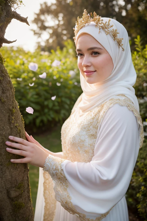 ((best quality)), ((masterpiece)), ((detailed)), ((a 25 year old chubby girl)), white loosely gamis dress with gold colour lace, (smiling:0.6), long sleeve, white hijab, white shawl, ((no visible hair)), pink flowers crown, scattered luminous petals, yellow flowers garden, Depth of field, rays of light, Many scattered leaves, branch, angle, contour deepening, cinematic angle,