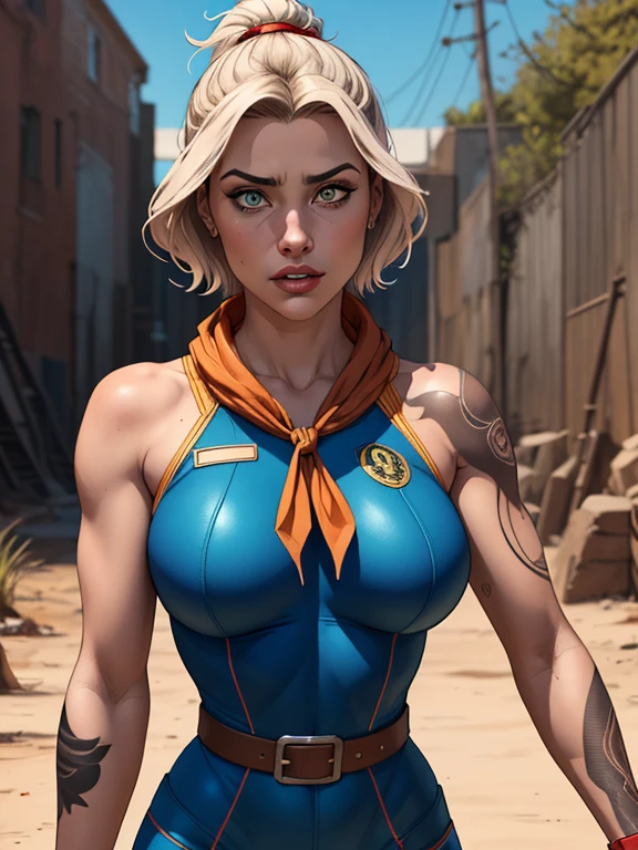 Personagem Nome: Isabella Cruz Physical Description:
- Isabella tem cabelos curtos e espetados, dyed a vibrant brown that contrasts with their pale skin.
- His eyes are an intense green, reflecting a mix of curiosity and determination.
- Ela tem uma estatura baixa, with a slim and agile figure, evidenciando sua agilidade e destreza.
- His appearance is adorned with several colorful tattoos that cover his arms and neck, each telling a different story of their past adventures.

Uniforme:
- Isabella wears the blue jumpsuit from Vault 111, o uniforme original de Fallout 4, que se destaca contra seu cabelo rosa e suas tatuagens vibrantes.
- The jumpsuit is dark blue, with yellow details and a large number "111" estampado nas costas, indicando sua origem no Vault 111.
- Despite being a standard survival suit, Isabella customizes her jumpsuit with some additional accessories, like a leather belt with pockets to store essentials and a red bandana tied around the neck for protection from the desert wind and sun.corpo inteirojogo Fallout uniforme da Fallout Imagem de desenho animado de uma mulher .cartoon style illustration, estilo de arte dos desenhos animados, estilo de arte dos desenhos animados, digital illustration style, design de personagens altamente detalhado, arte digital detalhada fofa,, Design de personagens de retrato, beautiful digital illustration, retrato de alta qualidade, Arte em quadrinhos, Corpo inteiro sensualizando ou pelada