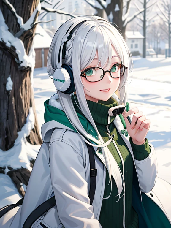 1girl, masterpiece, snow, white hair, green eyes, smiling, winter jacket, hair accessories, wear headphone, phone, glasses, tree