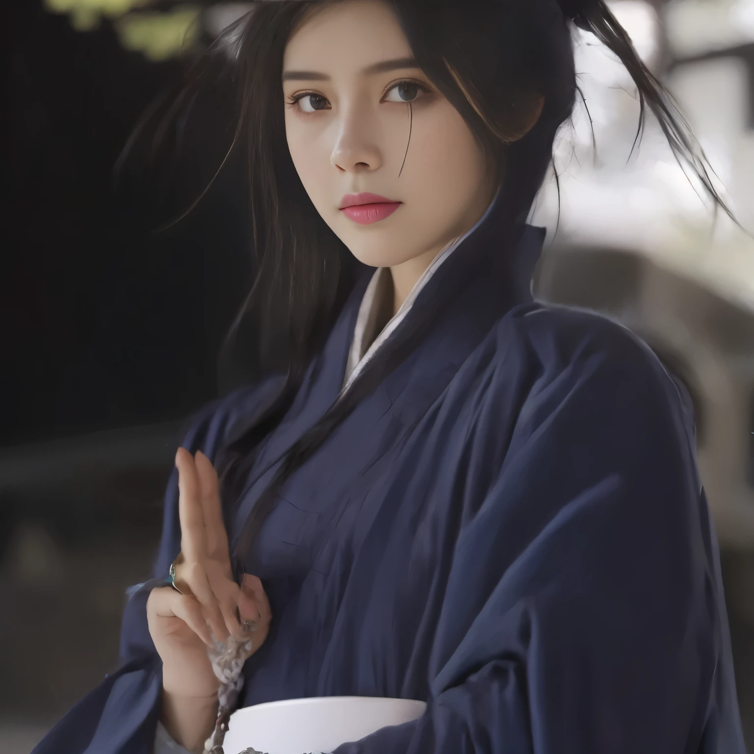 arafed woman in a blue kimono with a white bowl, palace , a girl in hanfu, iu lee ji-eun as a super villain, hanfu, flowing hair and long robes, wearing blue robe, she is holding a katana sword, wearing ancient chinese clothes, wearing a blue robe, full body xianxia, inspired by Gu An, bae suzy