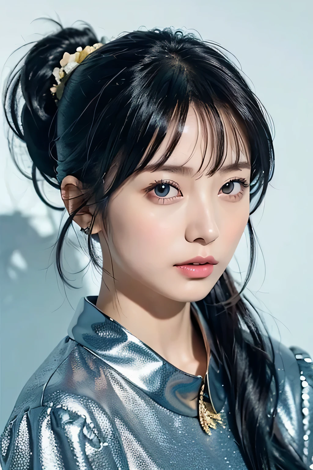 (masterpiece), (highest quality), (super detailed),(messy hair),(figure), (1 girl), (fashionable clothes), Are standing, Fashion Model, looking at the viewer, (interview), (simple background),detailed and beautiful eyes, delicate beautiful face, floating,(high color saturation),(colorful splashes),colorful bubble,(shining), focus on face, ponytail, kamisato ayaka, light blue hair, bangs, hair ring, floating flowers, floating hair, (shining), best writing, best shadow,high nose、no makeup、(narrow eyes