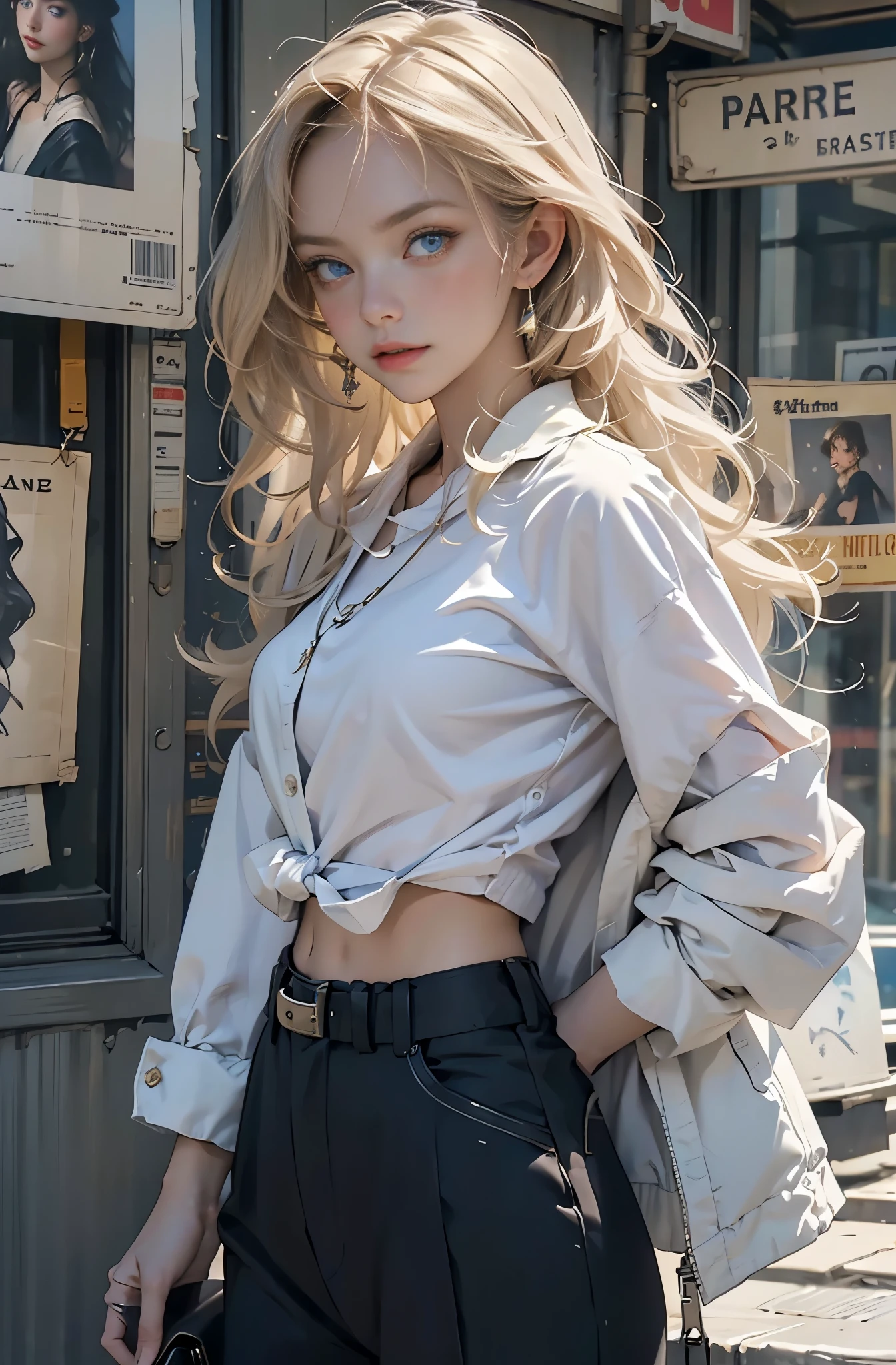 Photo of a beautiful blonde caucasian woman standing on a street corner, Perfect model body shape, Stylish pants style, colorful purple shirt, Stylish jacket, sunglasses, very stylish, with influence of Jeremy Mann, Jeremy Mann, style of Jeremy Mann, Jeremy Mann painting, Jeremy Mann art, Ron Hicks, Liepke, Jeremy Mann and alphonse mucha, Works that influenced Edmund Blampid, robert lenkiewicz, Casey Baugh and James Jean, Works that influenced Willem Kalf, Nick Alm, tumbler, figurative art, intense watercolor, watercolor detailed art,Beautiful and expressive paintings, Beautiful artwork illustration, wonderful, cool beauty, masterpiece, highest quality, official art, perfect composition, perfect angle, best shot, The perfect subject, women only, sharp outline, romantic, Moody, very beautiful and detailed eyes, Beautiful and delicate blue eyes, ideal animation, sentimental, Paris, montparnasse, Close-up