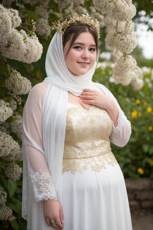((best quality)), ((masterpiece)), ((detailed)), ((a 25 year old chubby girl)), white loosely gamis dress with gold colour lace, (smiling:0.6), long sleeve, white hijab, white shawl, ((no visible hair)), pink flowers crown, scattered luminous petals, yellow flowers garden, Depth of field, rays of light, Many scattered leaves, branch, angle, contour deepening, cinematic angle,