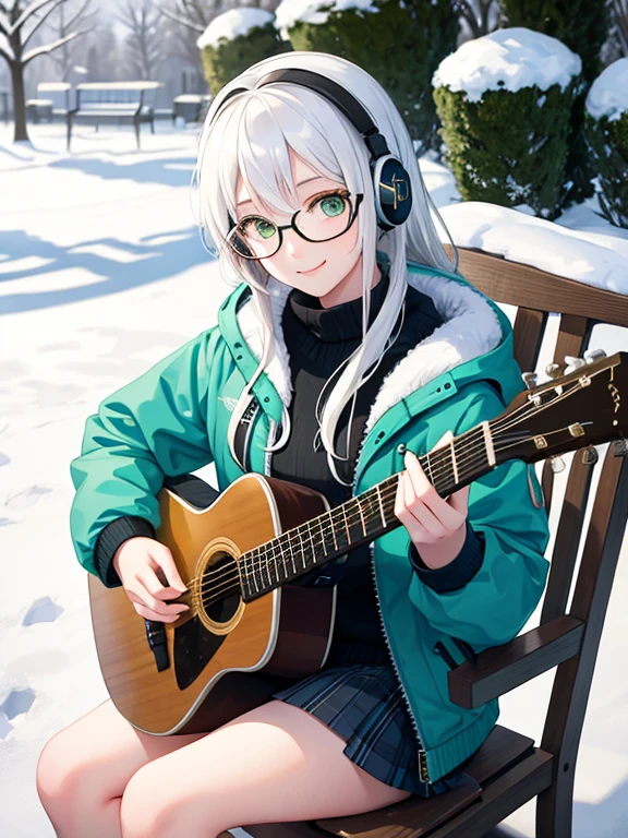 1girl, masterpiece, snow, white hair, green eyes, smiling, winter jacket, hair accessories, wear headphone, glasses, playing guitar, sit on garden chair, tree