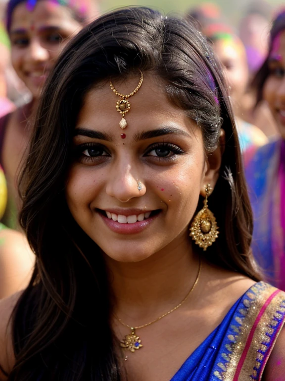 a closeup dark upper body shot photo of a blonde with perfect eyes, smile, Holi celebration in USA,