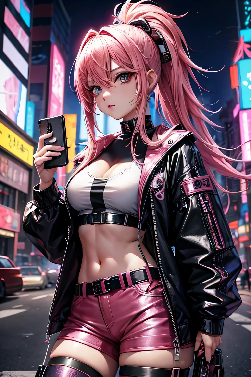 Swimsuit Leather Jacket Girl Smile Ponytail Masterpiece Long Hair Pink Hair Girl Best Quality