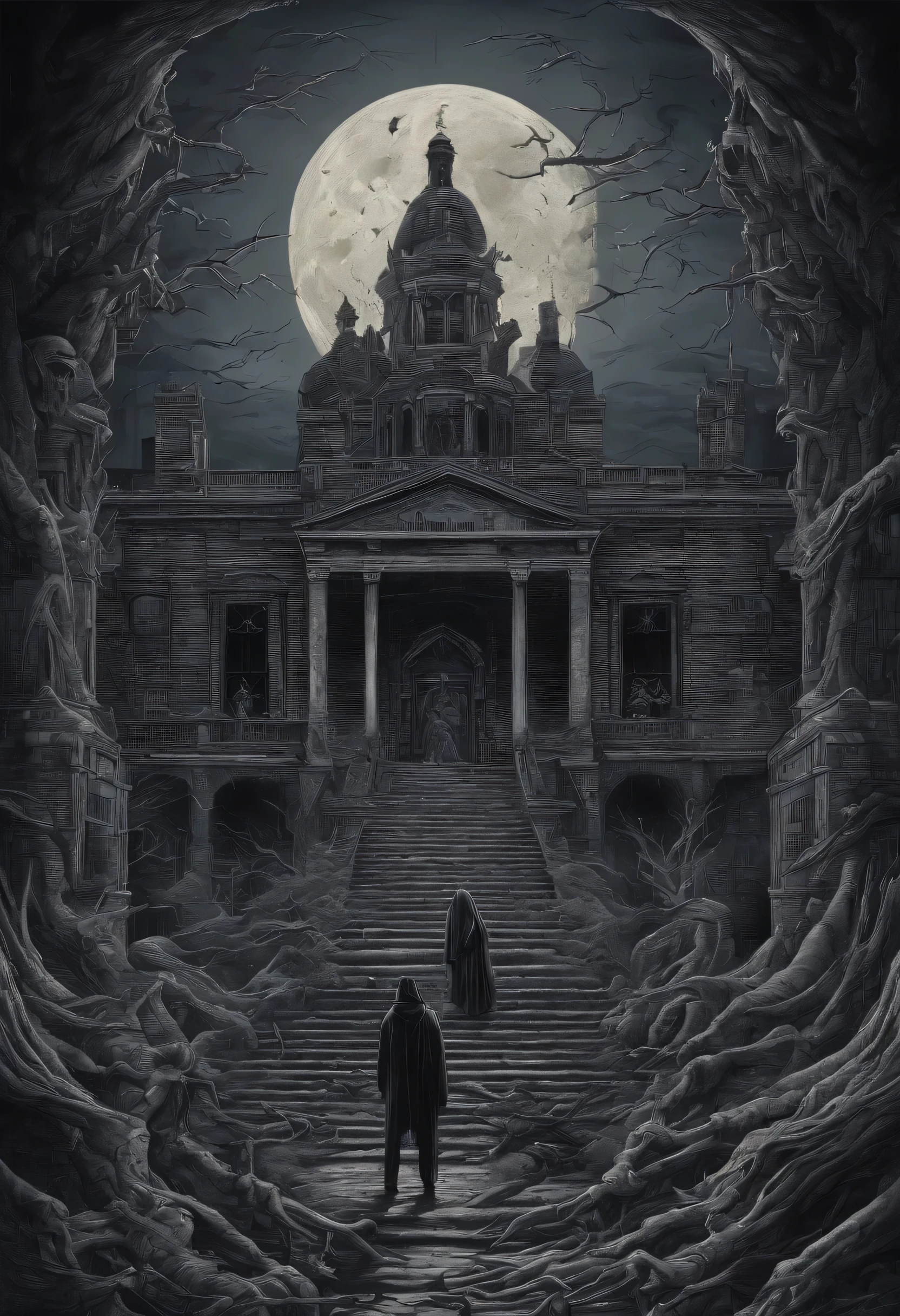 a girl and a man talk to each other above a pile of corpses, appendage architecture made from skeletons, fantasy, Intricate, elegant, Highly detailed, Centered, symetry, picure, Intricate, voluminetric lighting, Beautiful, rich deep colors masterpiece, Sharp focus, Ultra detailed, in the style of dan mumford and marc simonetti, astrophotography