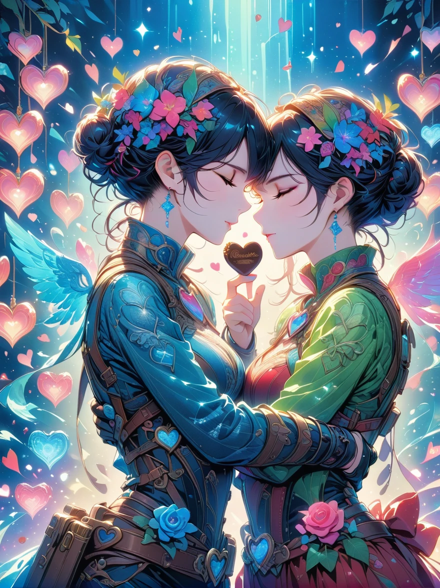 A cartoon-style illustration of lovers kissing, surrounded by Valentine's Day elements. The scene is vibrant and filled with hearts, Cupid's arrows, and pink and red decorations. Both characters exhibit exaggerated, joyful expressions of love, with their eyes closed in a blissful kiss. The background is adorned with symbols of romance, such as roses, chocolates, and a banner proclaiming 'Happy Valentine's Day,' all rendered in a playful, animated aesthetic, (Ghibli-like colours, UHD, masterpiece, ccurate, anatomically correct, textured skin, super detail, 8k)
