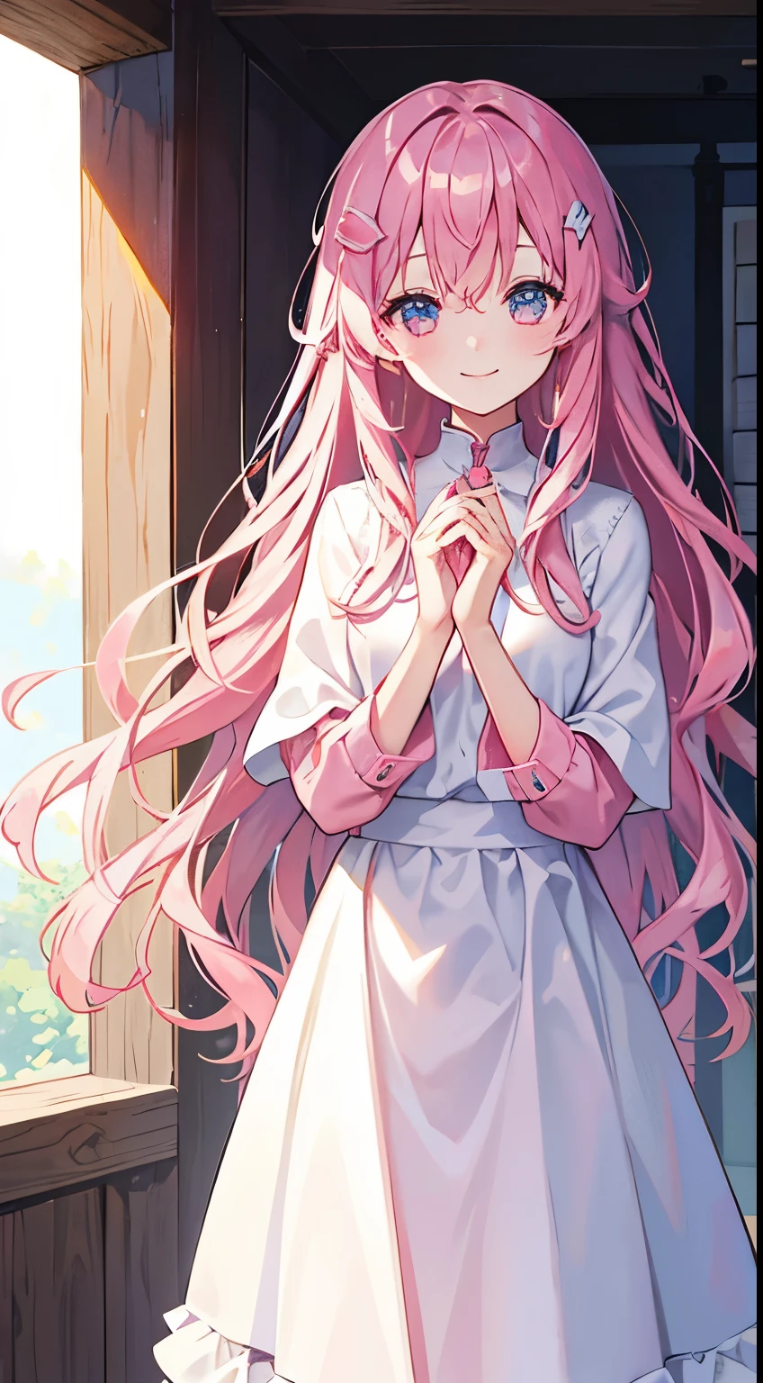 beautiful illustrations、highest quality、Pink inner color hair、wavy hair、long hair、spread both hands in front of you、A sloppy smile