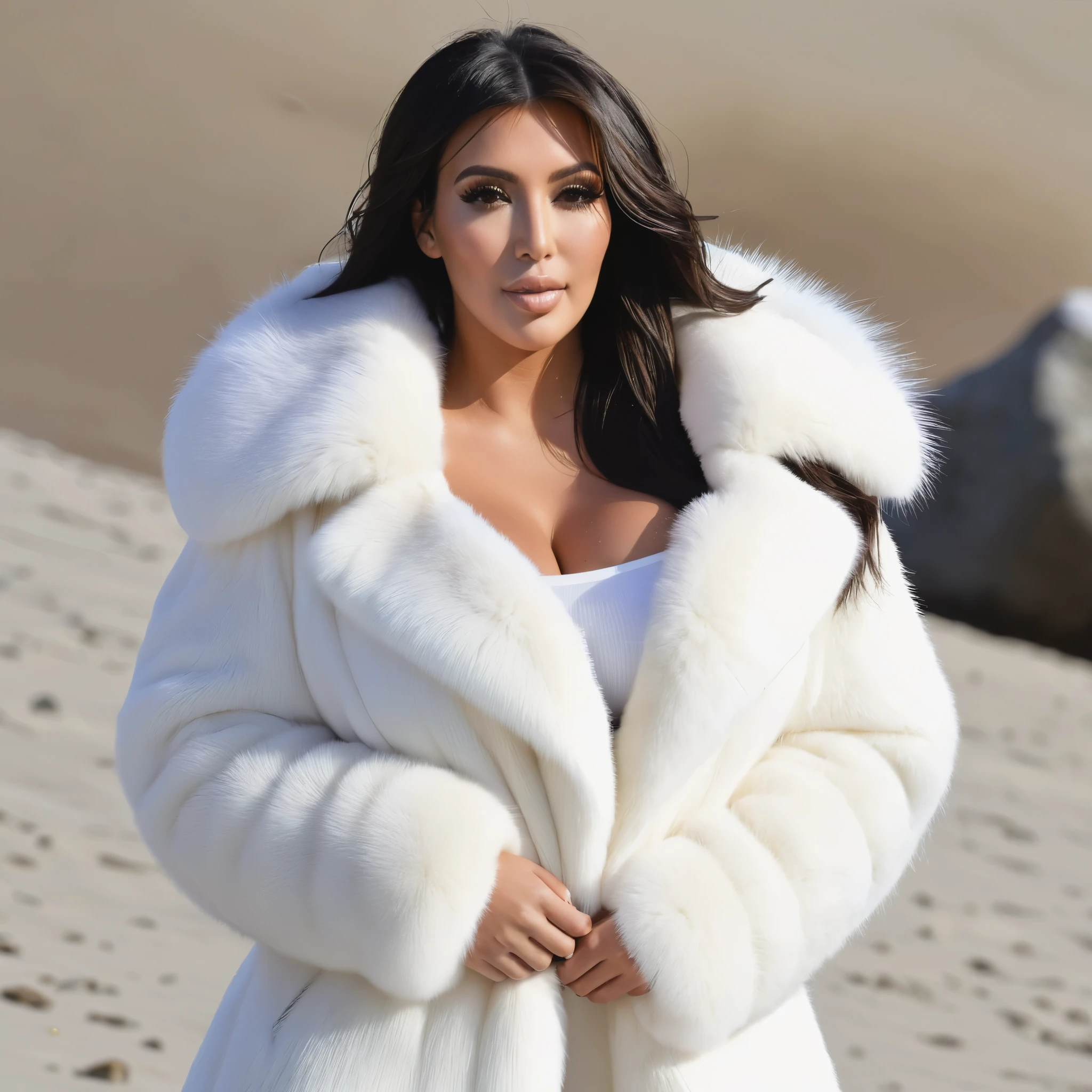A very wide and very thick, manteau de fourrure en vison blanc, fifty centimeters thick, duveteux, naturel, with an ultra thick white mink fur collar, three layers, sur Kim Kardashian , bare shoulders, and two large breast out of the fur, at sunny Pebble Beach