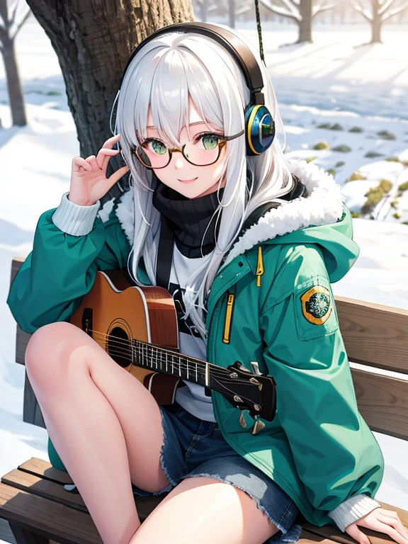 1girl, masterpiece, snow, white hair, green eyes, smiling, winter jacket, hair accessories, wear headphone, glasses, playing guitar, sit on swing, tree