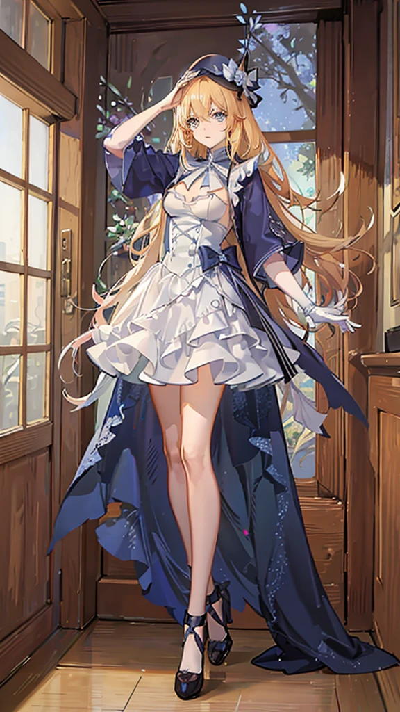 Kitagawa Marin en cosplay décolletés d'harchimage blanche et bleu avec des trai jaune avec un chapeau pointue qui a les mêmes couleur que la robe et qui invoque neuf queues et un dizaine de sphères jaune autourd elle. Avec un baton en bois avec une pierre bleu incrusté au bout (light outfit) (cheveux long et blond ) (gros seins) (yeux rouge)