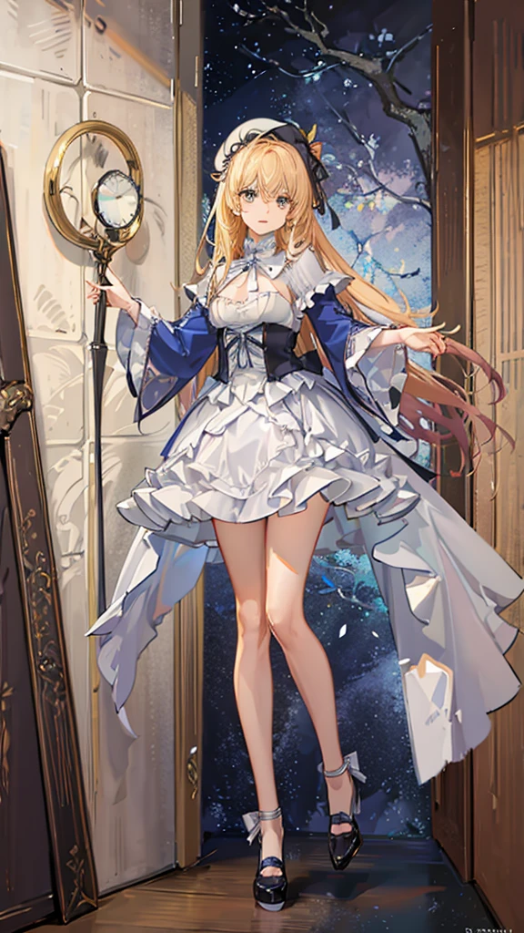 Kitagawa Marin en cosplay décolletés d'harchimage blanche et bleu avec des trai jaune avec un chapeau pointue qui a les mêmes couleur que la robe et qui invoque neuf queues et un dizaine de sphères jaune autourd elle. Avec un baton en bois avec une pierre bleu incrusté au bout (light outfit) (cheveux long et blond ) (gros seins) (yeux rouge)