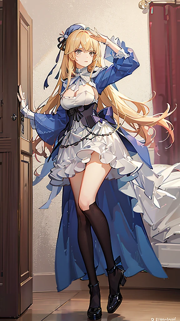 Kitagawa Marin en cosplay décolletés d'harchimage  blanche et bleu avec des trai jaune avec un chapeau pointue qui a les mêmes couleur que la robe et qui invoque neuf queues et un dizaine de sphères jaune autourd elle. Avec un baton en bois avec une pierre bleu incrusté au bout (light outfit) (cheveux long et blond ) (gros seins) (yeux rouge)