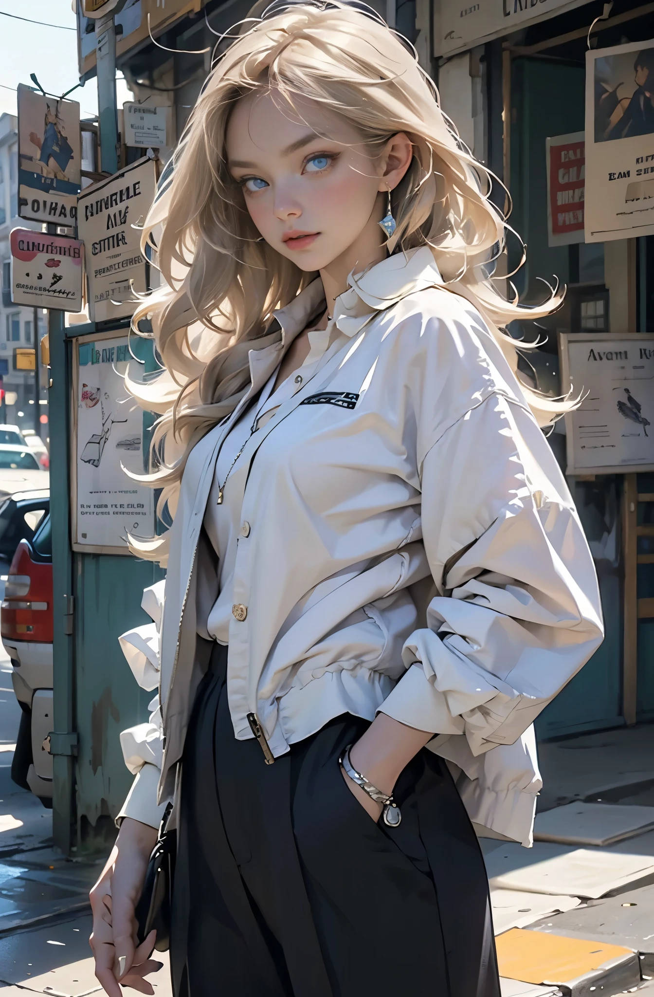 Photo of a beautiful blonde caucasian woman standing on a street corner, Perfect model body shape, Stylish pants style, colorful purple shirt, Stylish jacket, very stylish, with influence of Jeremy Mann, Jeremy Mann, style of Jeremy Mann, Jeremy Mann painting, Jeremy Mann art, Ron Hicks, Liepke, Jeremy Mann and alphonse mucha, Works that influenced Edmund Blampid, robert lenkiewicz, Casey Baugh and James Jean, Works that influenced Willem Kalf, Nick Alm, tumbler, figurative art, intense watercolor, watercolor detailed art,Beautiful and expressive paintings, Beautiful artwork illustration, wonderful, cool beauty, masterpiece, highest quality, official art, perfect composition, perfect angle, best shot, The perfect subject, women only, sharp outline, romantic, Moody, very beautiful and detailed eyes, Beautiful and delicate blue eyes, ideal animation, sentimental, Paris, montparnasse, Close-up