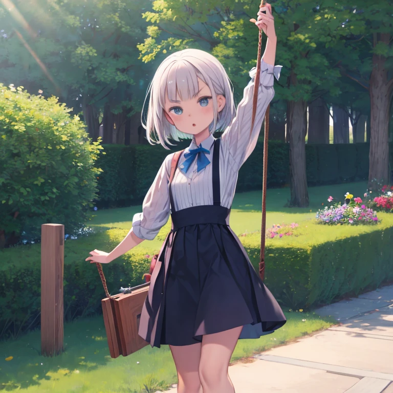 masterpiece, highest quality, Medium wide shot、cowboy shot、 girl、bobbed hair、((small breasts、small breastouth open、△ mouth、white shirt、Blue Suspender Skirt、Put your hand on your forehead、Decisive pose、V-shaped eyebrows、garden、Swing、seesaw、slide、sandbox、