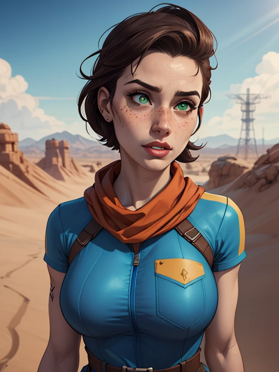 Personagem Nome: Isabella Cruz white background medium breasts freckled face Physical description:
- Isabella tem cabelos curtos e espetados, dyed a vibrant brown that contrasts with their pale skin.
- His eyes are an intense green, reflecting a mix of curiosity and determination.
- Ela tem uma estatura baixa, with a slim and agile figure, evidenciando sua agilidade e destreza.
- His appearance is adorned with several colorful tattoos that cover his arms and neck, each telling a different story of their past adventures.
Uniforme:
- Isabella wears the blue jumpsuit from Vault 111, o uniforme original de Fallout 4, que se destaca contra seu cabelo rosa e suas tatuagens vibrantes.
- The jumpsuit is dark blue, with yellow details and a large number "111" estampado nas costas, indicando sua origem no Vault 111.
- Despite being a standard survival suit, Isabella customizes her jumpsuit with some additional accessories, like a leather belt with pockets to store essentials and a red bandana tied around the neck for protection from the desert wind and sun.corpo inteirojogo Fallout uniforme da Fallout Imagem de desenho animado de uma mulher .cartoon style illustration, estilo de arte dos desenhos animados, estilo de arte dos desenhos animados, digital illustration style, design de personagens altamente detalhado, arte digital detalhada fofa,, Design de personagens de retrato, beautiful digital illustration, retrato de alta qualidade, Arte em quadrinhos, Corpo inteiro sensualizando ou pelada