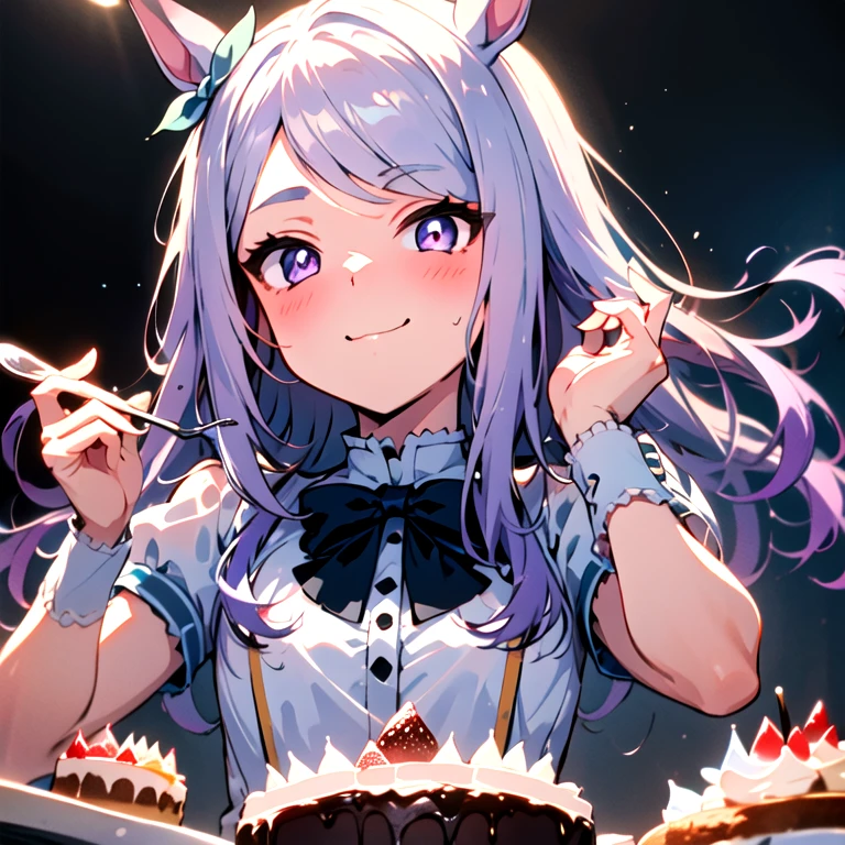 masterpiece, 8k wallpaper, highest quality, 1 girl, White-eye McQueen, smile, blush, looking at the viewer, eating cake，look up from below，surprised face