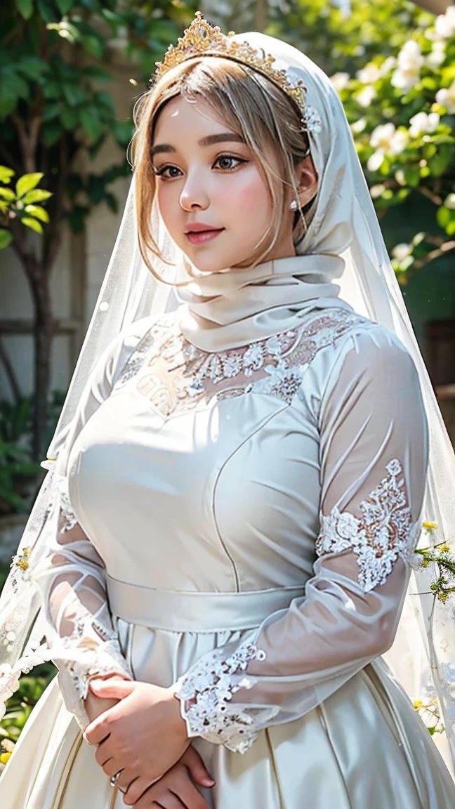 ((best quality:1.2)), ((masterpiece:1.2)), ((detailed)), ((a 25 year old chubby girl)), white loosely gamis dress with gold colour lace, (smiling:0.6), long sleeve, white hijab, white shawl, ((no visible hair)), pink flowers crown, scattered luminous petals, yellow flowers garden, Depth of field, rays of light, Many scattered leaves, branch, angle, contour deepening, cinematic angle,