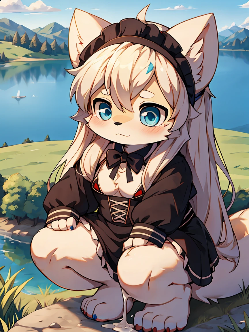 Be red in the face, exteriors, In the daytime, simple backgound, blue-sky, Rippled hair, Skysky, Look at the audience loli, The expression is cute,Small short legs,head portrait,White over-leg socks,sitted,White dress,No shoes,pantiess