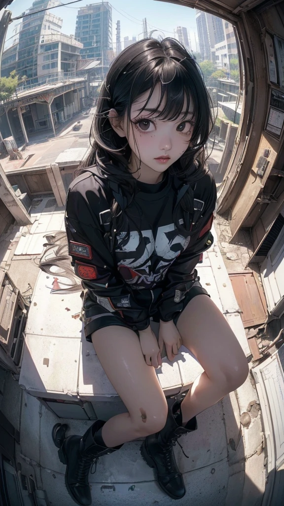 ((Highly detailed CG unit 8k wallpaper, masterpiece, High resolution, highest quality)), (Woman sitting on a rusty oil can, medium hair, Nana Komatsu, put one&#39;s hand in one&#39;s pocket:1.5, Cyberpunk fashion, Wearing micro mini shorts:1.2, wearing boots:1.2), ((highly detailed face, highly detailed black eyes, detailed body, highest qualityのリアルテクスチャスキン)), (black hair, white skin), (Inside a futuristic abandoned building), (Angle from above:1.3, Fisheye Shot:1.5), hyper realistic, digital paint,