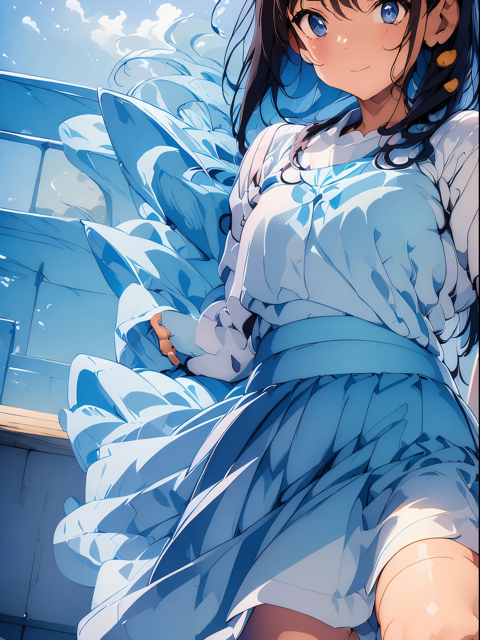 Naughty woman, 12 years old, wearing a sailor suit, Light blue, , close, anime, anime movie, A sparkling smile, bright brown eyes, black long hair，I'm putting my out