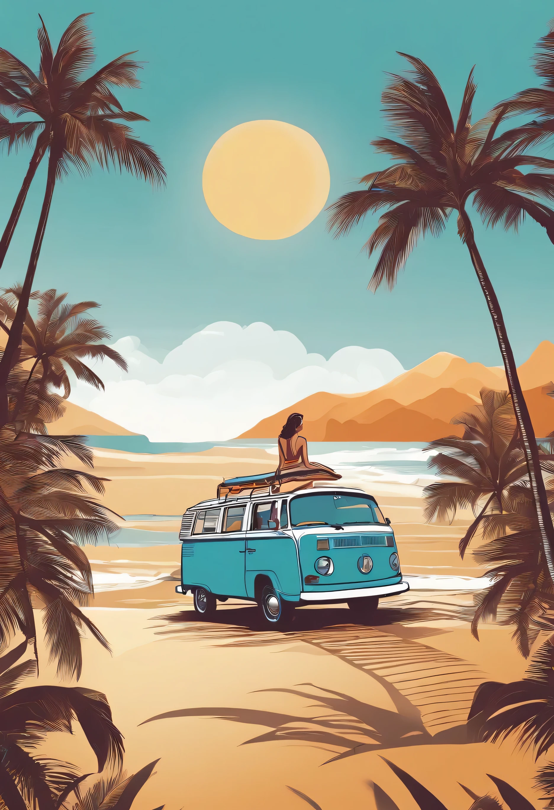 2d vector illustration, tshirt design for Geep girl, summers, palm trees, (surf: 1.1), (combi), sunrays, (best quality, masterpiece: 1.3), minimalist, (8 colors)