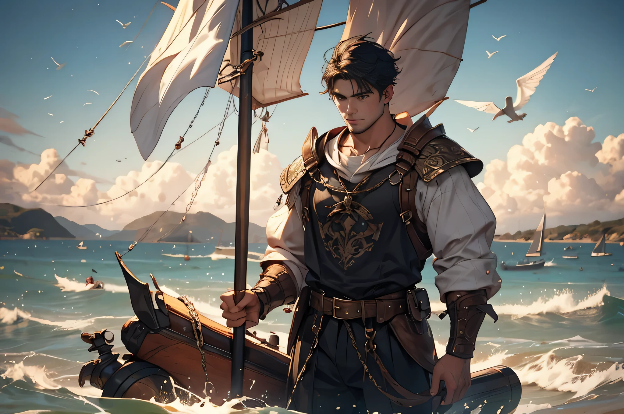 A dashing 20-year-old sailor casting a net into the sea, set in a medieval fantasy world, wearing humble commoner attire, rugged background with a hint of mystery, stylized illustration, detailed line work, intricate attire details, dramatic lighting, atmospheric fog