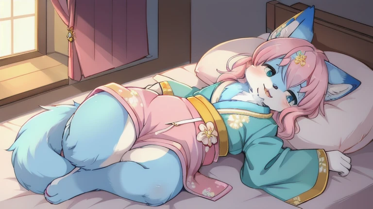 Furry, fox female furry, covered huge breast, chubby, pink coloured hair, light blue coloured body fur, gold coloured tail, fluffy ear, fluffy big tail, light blue kimono with flower pattern, laying on bed 