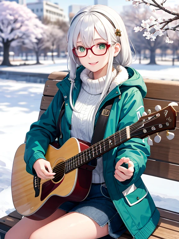 1girl, masterpiece, snow, white hair, green eyes, smiling, winter jacket, hair accessories, wear headphone, glasses, playing guitar, sit on Park bench, Cherry blossom tree