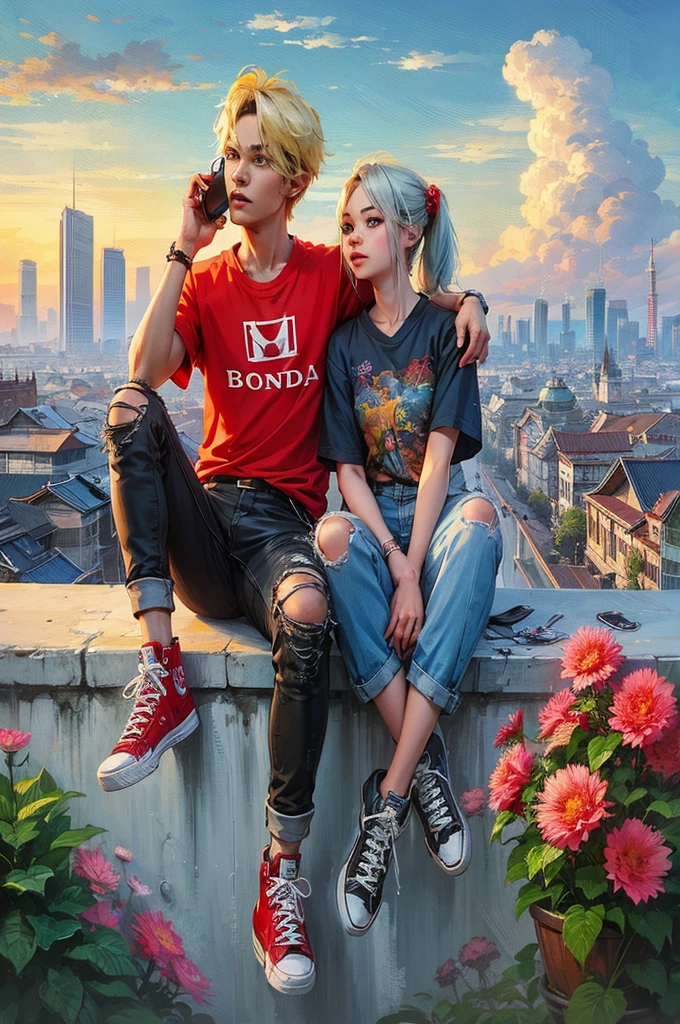 they are sitting on a ledge with a city in the background, artwork in the style of guweiz, loish and ross tran, guweiz, album art, official artwork, spring day, ross tran and bayard wu, ross tran style, & jeehyung lee & wlop, lofi album art, inspired by Yanjun Cheng, ross tran 8 k