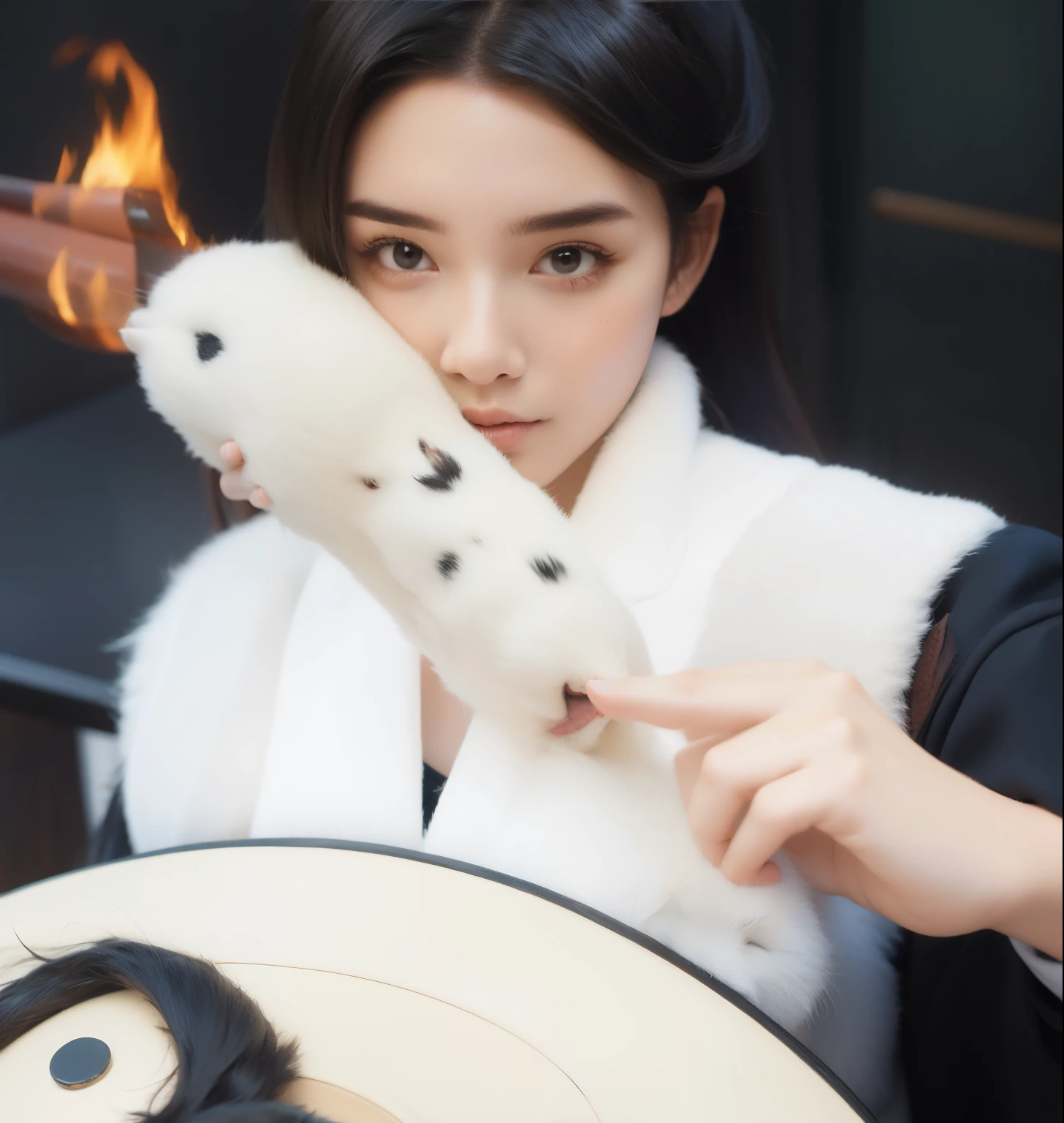 there is a woman holding a white fan with a fire in it, kitsune holding torch, casting fire spell, inspired by Li Mei-shu, inspired by Shin Yun-bok, inspired by Gong Xian, inspired by Guan Daosheng, iu lee ji-eun as a super villain, inspired by Gong Kai, inspired by Luo Mu, inspired by Wu Bin