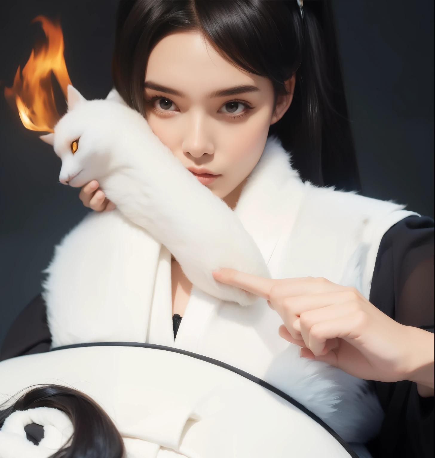 there is a woman holding a white fan with a fire in it, kitsune holding torch, casting fire spell, inspired by Li Mei-shu, inspired by Shin Yun-bok, inspired by Gong Xian, inspired by Guan Daosheng, iu lee ji-eun as a super villain, inspired by Gong Kai, inspired by Luo Mu, inspired by Wu Bin