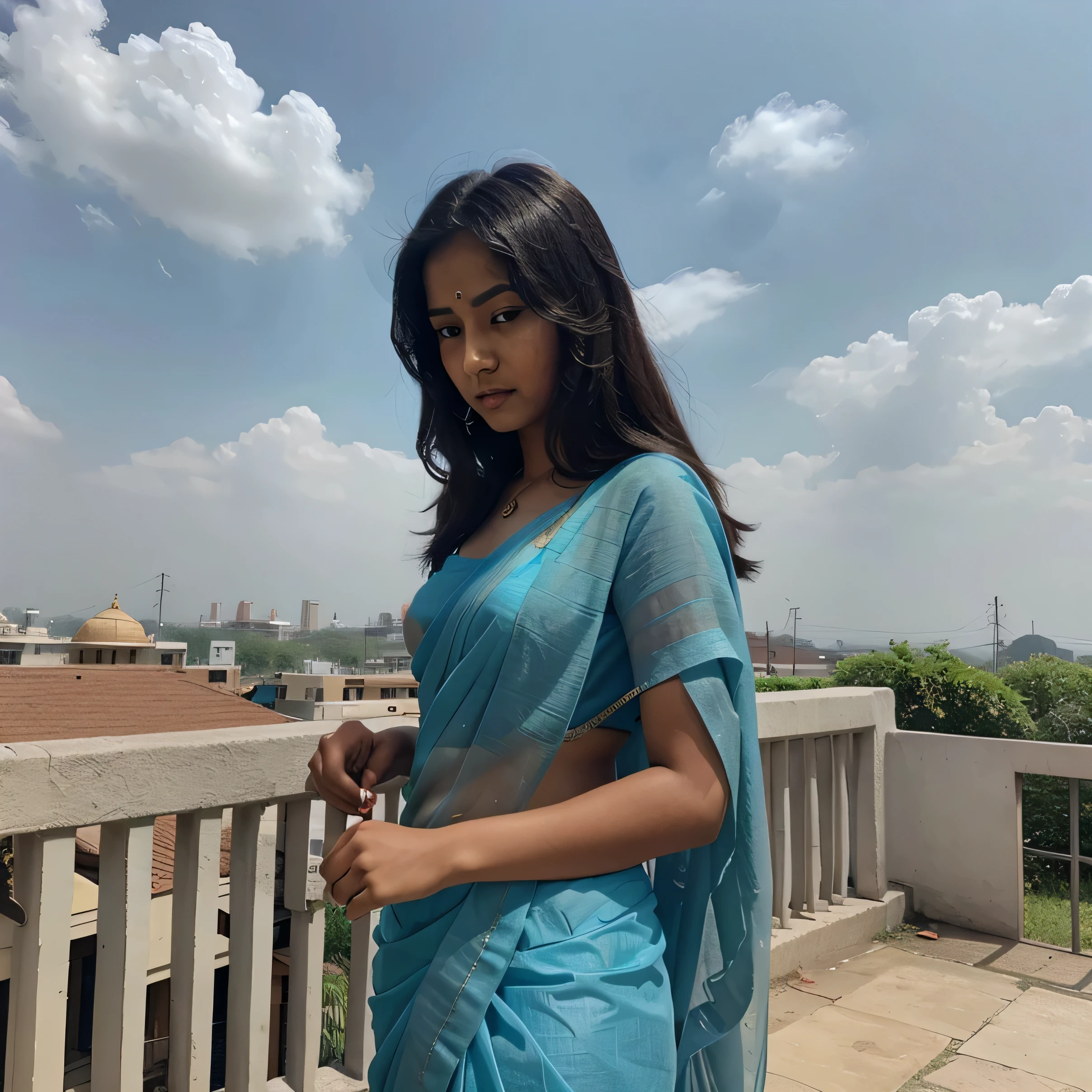 A Indian young girl removing sky blue colour saree