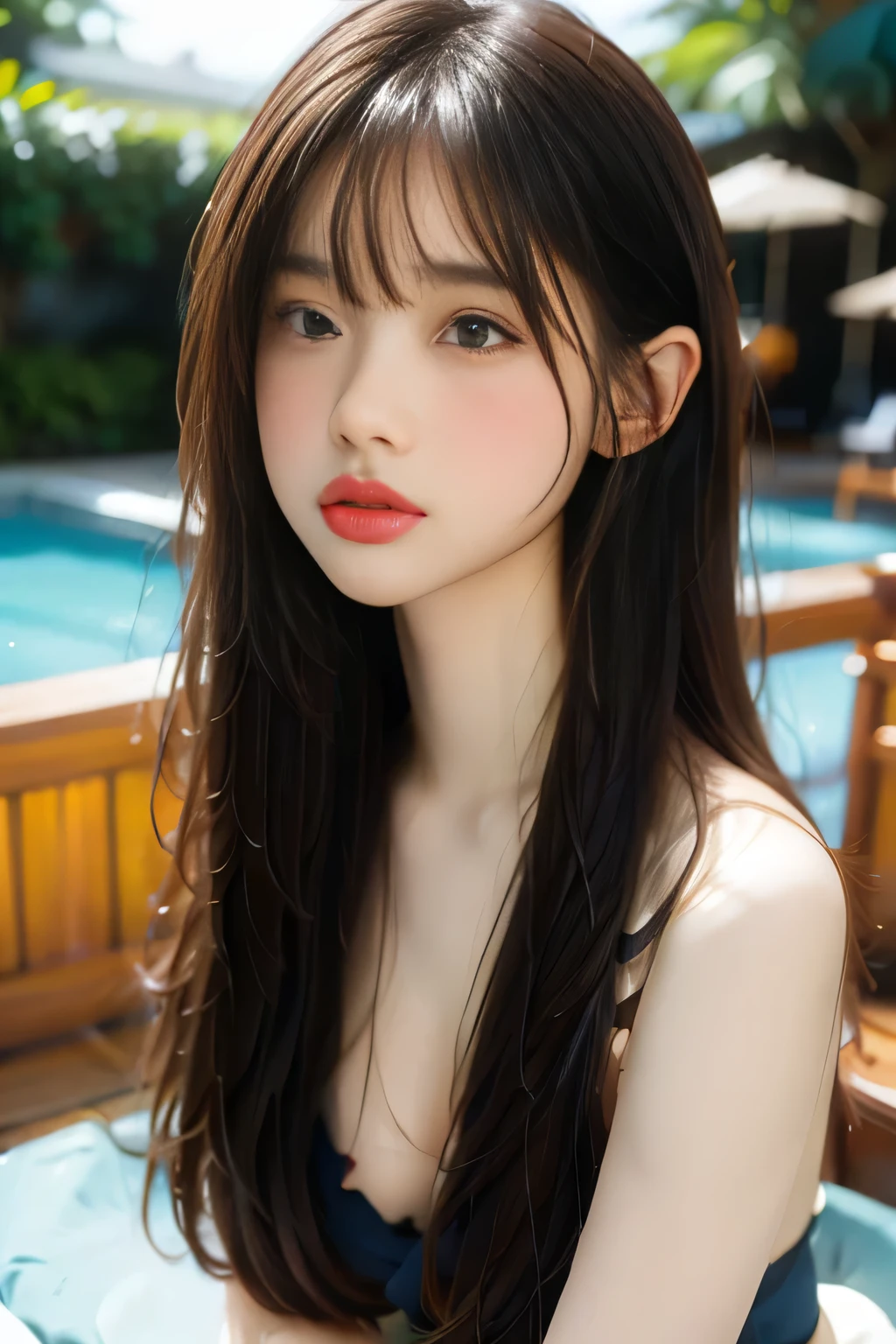 (fine skin:1.2),(shiny skin:1.1),8K,highest quality, masterpiece, ultra high resolution,(realistic:1.4), Raw photo,(Soft saturation:1.3),(Fair skin:1.2),1 Japanese idol,Improve,20 years, brown hair, medium hair, asymmetrical hair, wavy hair, asymmetrical bangs (cute face:1.4), (medium chest, tight waist), bikini, beach, Bokeh, beautiful lighting, small head,
