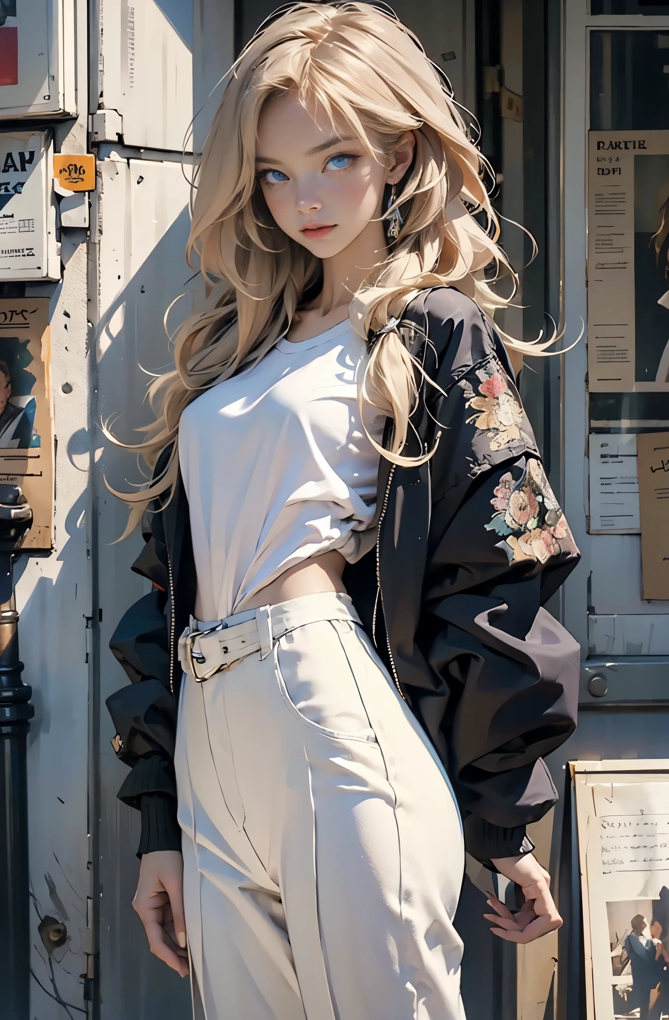 Photo of a beautiful blonde caucasian woman standing on a street corner, Perfect model body shape, Stylish pants style, colorful purple shirt, Stylish jacket, very stylish, with influence of Jeremy Mann, Jeremy Mann, style of Jeremy Mann, Jeremy Mann painting, Jeremy Mann art, Ron Hicks, Liepke, Jeremy Mann and alphonse mucha, Works that influenced Edmund Blampid, robert lenkiewicz, Casey Baugh and James Jean, Works that influenced Willem Kalf, Nick Alm, tumbler, figurative art, intense watercolor, watercolor detailed art,Beautiful and expressive paintings, Beautiful artwork illustration, wonderful, cool beauty, masterpiece, highest quality, official art, perfect composition, perfect angle, best shot, The perfect subject, women only, sharp outline, romantic, Moody, very beautiful and detailed eyes, Beautiful and delicate blue eyes, ideal animation, sentimental, Paris, montparnasse, Close-up