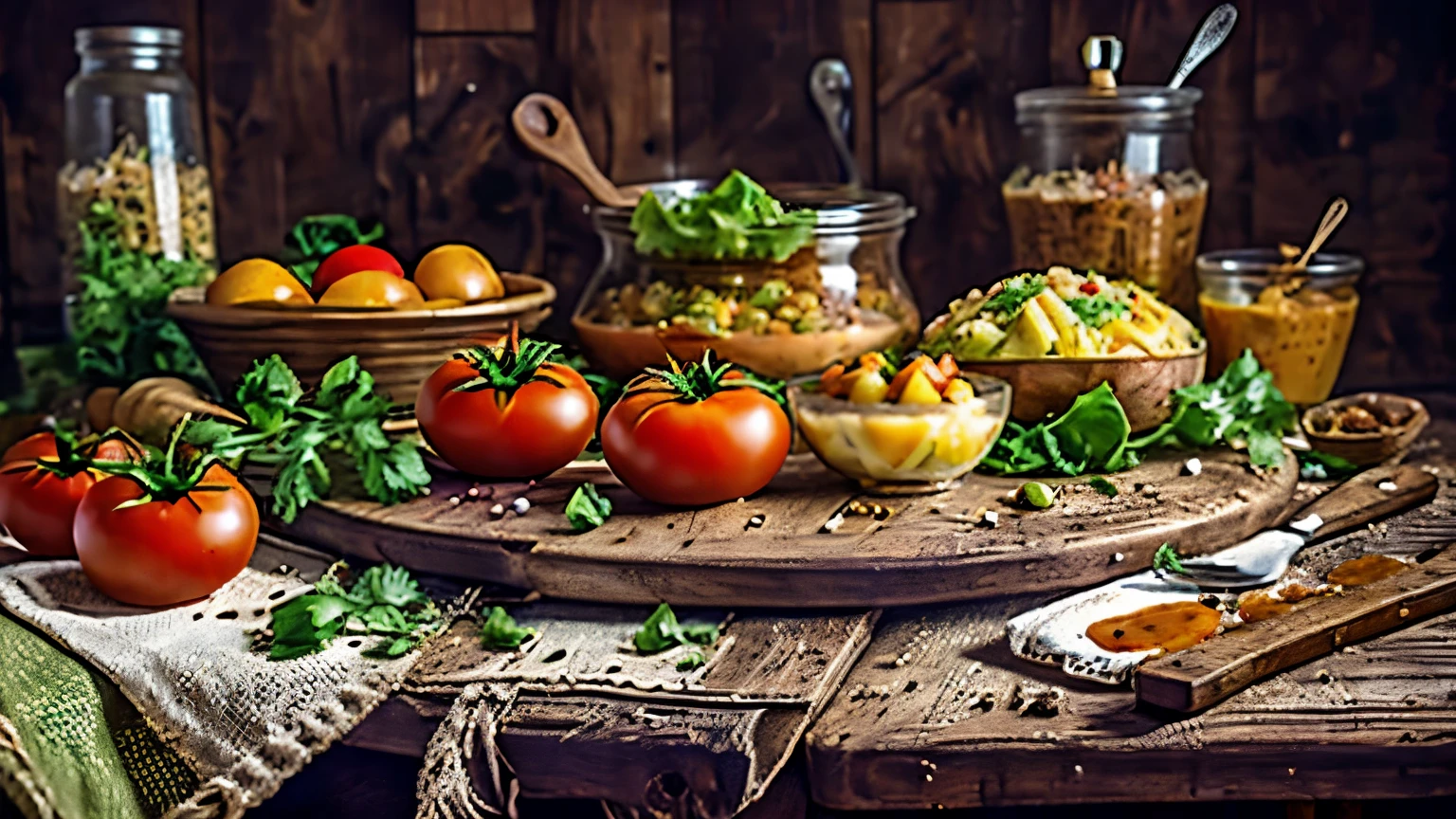 full tomatos , full potatos and salad on a table,