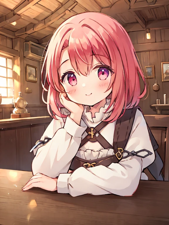 girl、across the table、smile、Put your hand on your cheek、wooden table、Medieval commoner's housing