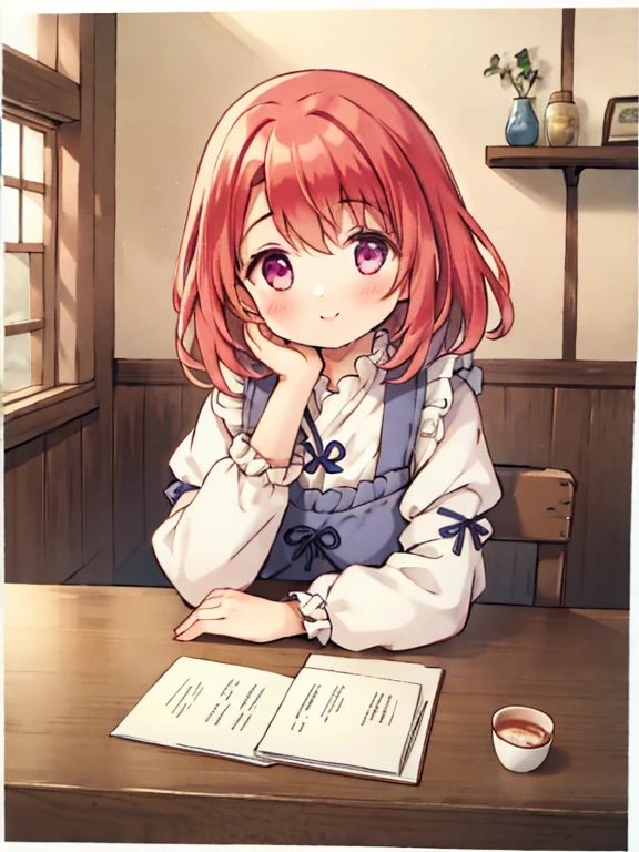 girl、across the table、smile、Put your hand on your cheek、wooden table、Medieval commoner&#39;s housing