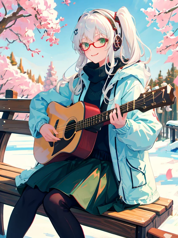 1girl, masterpiece, snow, white hair, green eyes, smiling, winter jacket, hair accessories, wear headphone, glasses, playing guitar, sit on Park bench, Cherry blossom tree