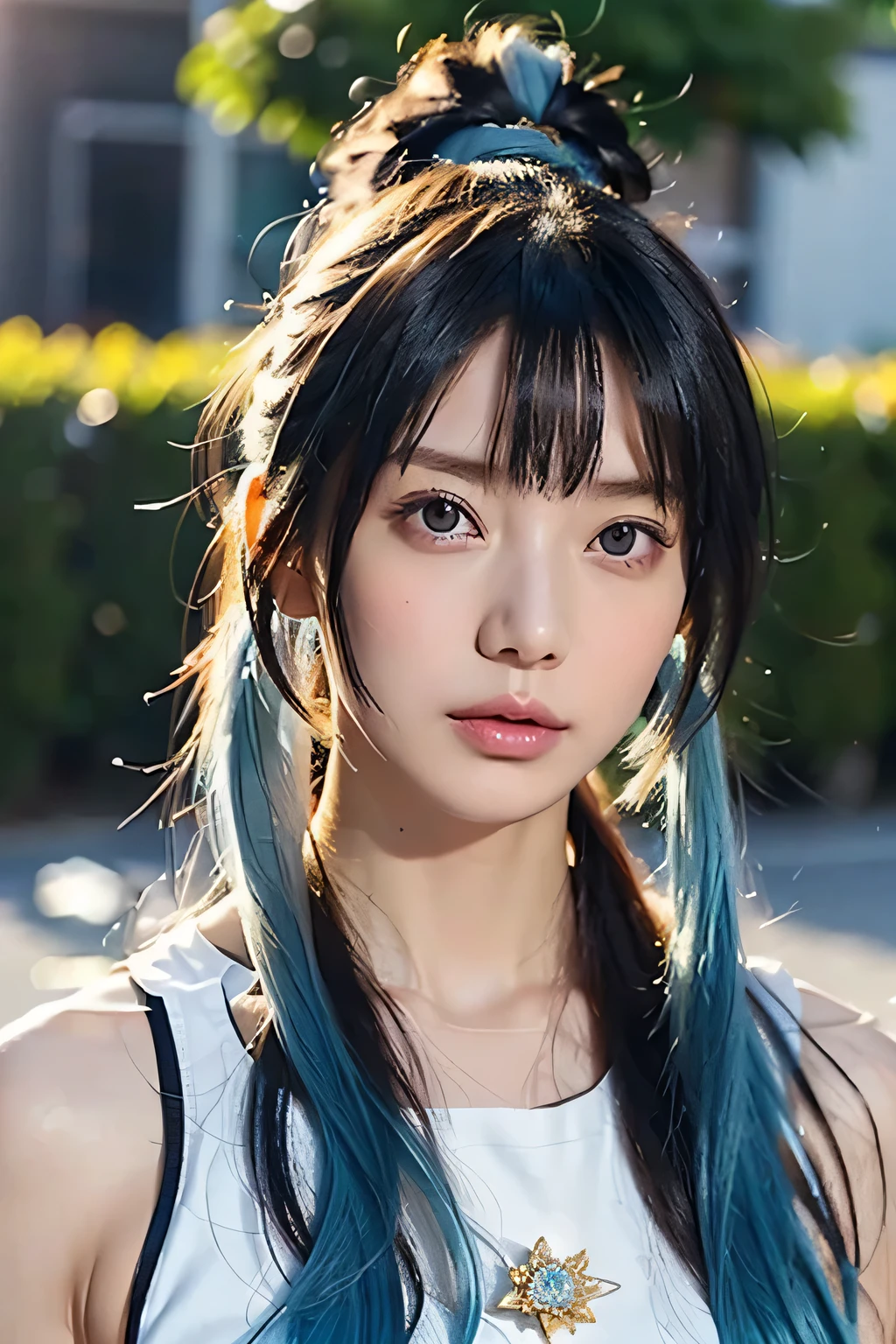 (masterpiece), (highest quality), (super detailed),(messy hair),(figure), (1 girl), (fashionable clothes), Are standing, Fashion Model, looking at the viewer, (interview), (simple background),detailed and beautiful eyes, delicate beautiful face, floating,(high color saturation),(colorful splashes),colorful bubble,(shining), focus on face, ponytail, kamisato ayaka, light blue hair, bangs, hair ring, floating flowers, floating hair, (shining), best writing, best shadow,high nose、no makeup、（narrow eyes）、intellectual