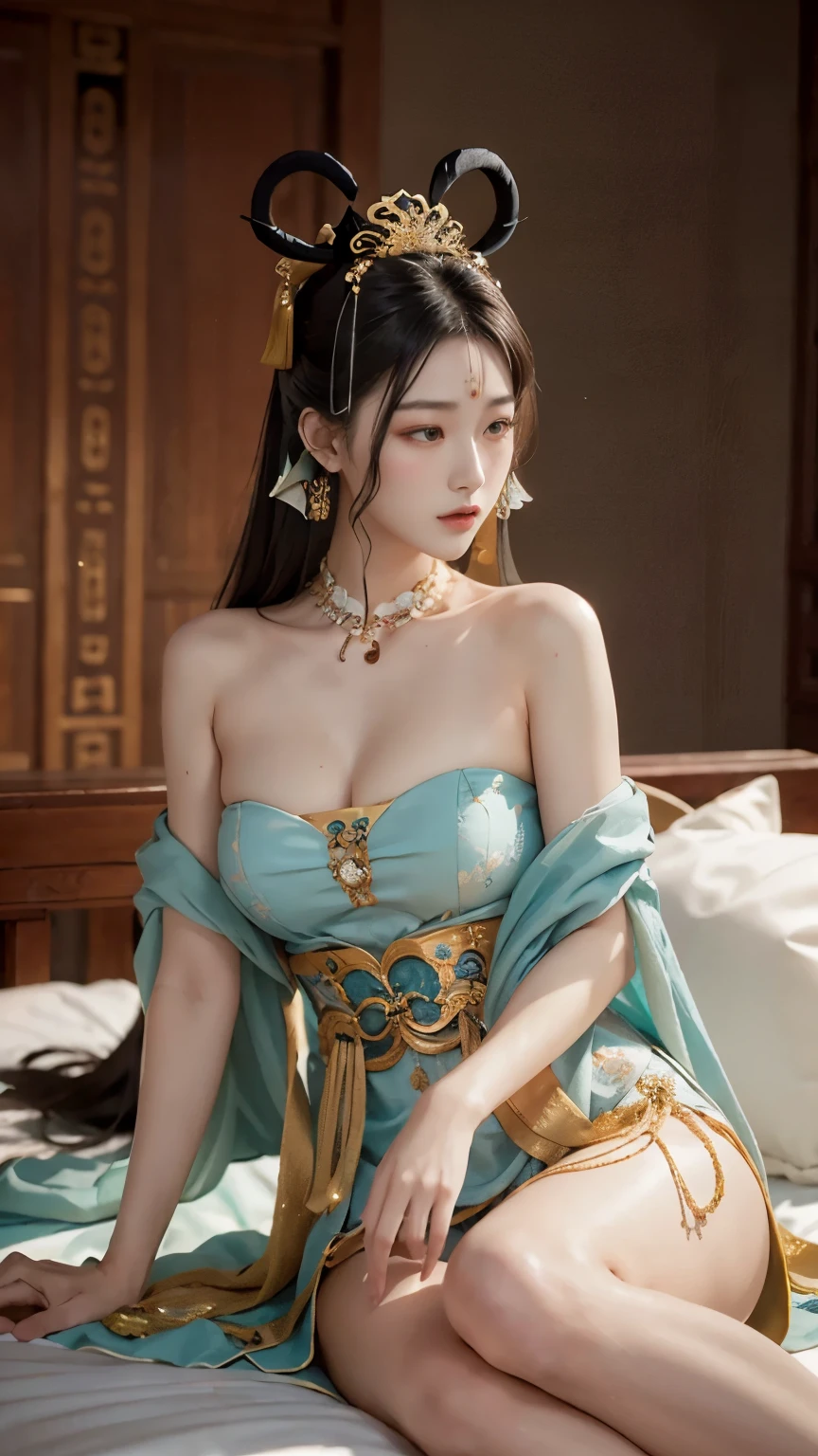 Chinese ancient style美女,Exquisite facial features,In Dunhuang,Sleeping in the Emperor's Bed,Sexy Dunhuang Feixian Dancer Clothes,Heavy makeup,long flowing hair,Flowing sea,favored,Meticulous depiction的脸蛋,Exquisite headdress,Chinese ancient style,Internet celebrity figure,Beautiful and moving,Ambiguous atmosphere,Mature and steady mind,weak and gentle,Masterpiece,Meticulous depiction,Super close range,full of charm,Various styles,Exquisite gentleman wallpaper,seduce men,enchanting,sad expression,ultra high definition,Charming and coquettish poses,Long thin white legs