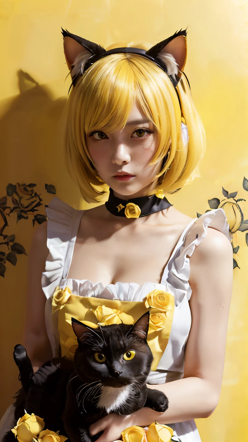 (Emo art:1.6), masterpiece, 4k, Bokeh, high school girls, beautiful face,  (Cat ears:1.3), (Yellow bob hair:1.6) , (Japanese idol:1.6), Blushed face, (Yellow maid costume :1.4), looking at the viewer, closeup, 
 (Yellow background :1.4), ( many Yellow roses wall:1.6)