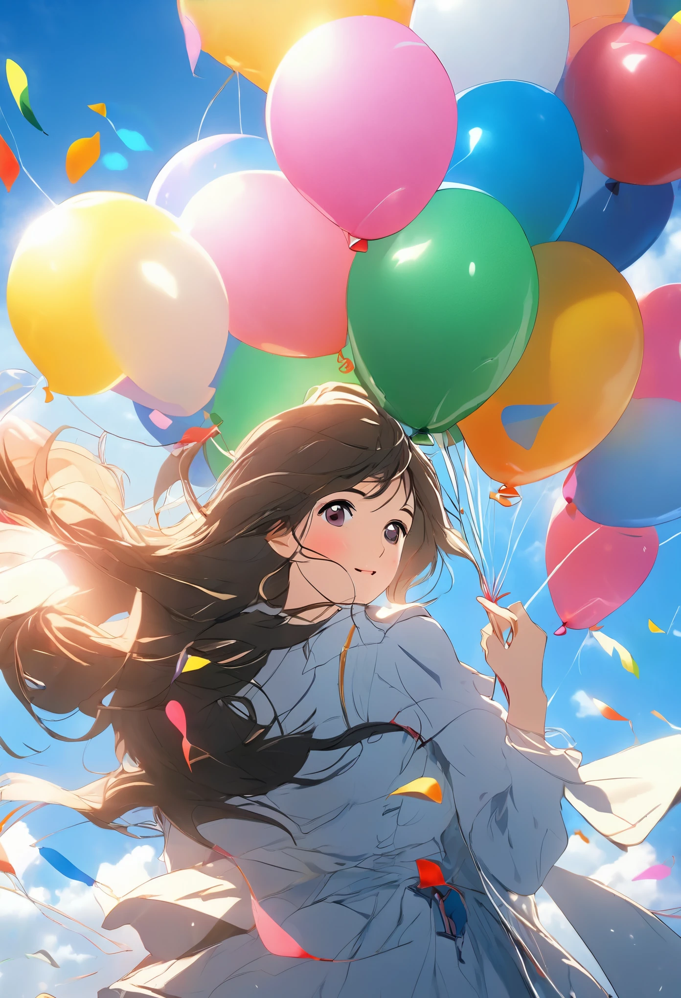 girl ((holding colorful balloons)), on site, Colorful balloons floating in the sky, hyper detail, UHD, Super realistic :1.2,realistic face、Beautiful woman、highest quality、woman flying in the sky with balloons:1.4