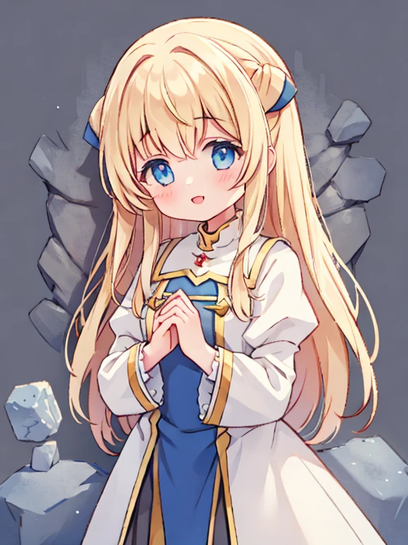 girl、priest、join hands、smile、Stone wall background