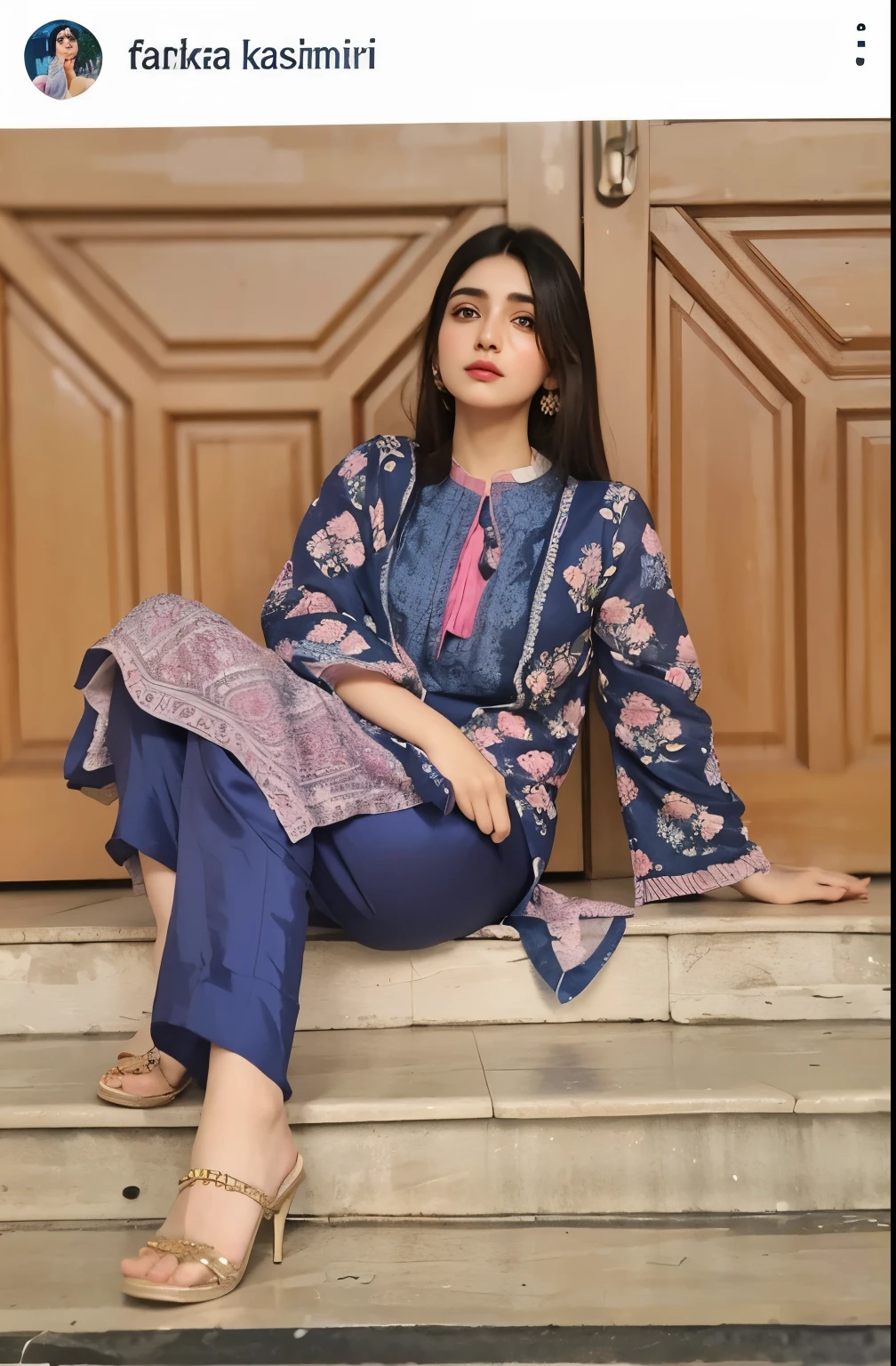 a woman sitting on a step with a blue and pink outfit, blue colored traditional wear, kyza saleem, mid shot portrait, wearing a silk kurta, with lovely look, traditional art, inspired by Ambreen Butt, maya ali as d&d mage, wearing a kurta, maya ali, profile image, beautiful look, by Riza Abbasi