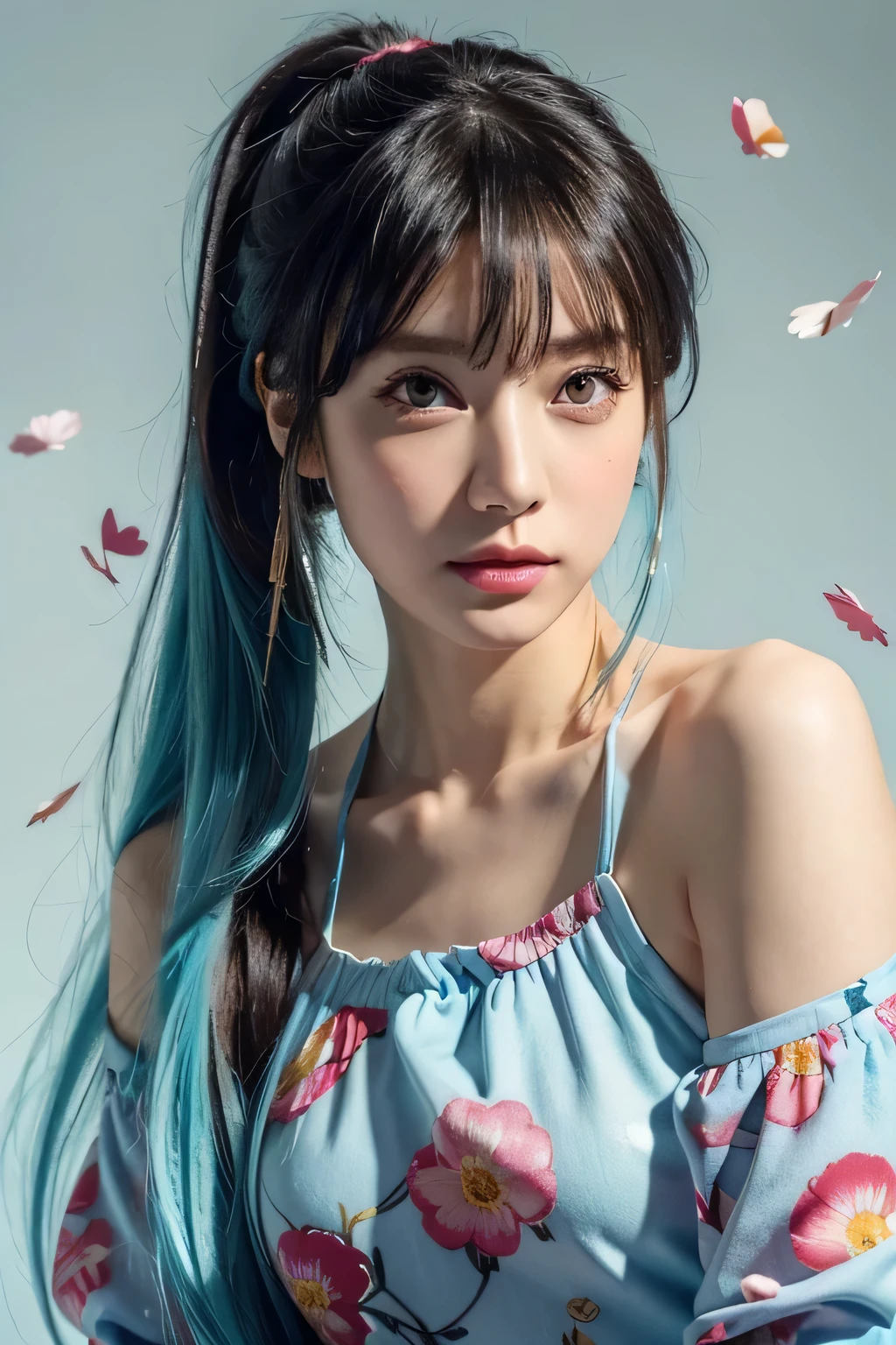 (masterpiece), (highest quality), (super detailed),(messy hair),(figure), (1 girl), (fashionable clothes), Are standing, Fashion Model, looking at the viewer, (interview), (simple background),detailed and beautiful eyes, delicate beautiful face, floating,(high color saturation),(colorful splashes),colorful bubble,(shining), focus on face, ponytail, kamisato ayaka, light blue hair, bangs, hair ring, floating flowers, floating hair, (shining), best writing, best shadow,high nose、no makeup、(narrow eyes)、intellectual