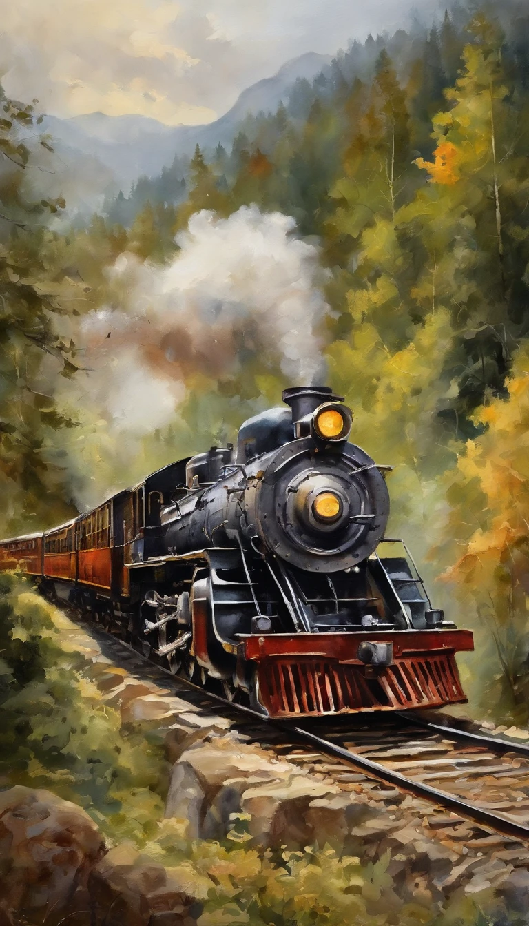 The scene is rendered in a muted yet vibrant watercolor style, capturing a vintage steam locomotive chugging across a viaduct amid rolling hills and forests. The train itself is depicted in rich shades of burgundy and black, belching plumes of smoke that curl into mottled clouds across the sky. The bridge arches stretch gracefully, supporting the passenger cars trailing behind the powerful engine.
The landscape surrounds evoke a sense of tranquil beauty, with soft greens and earthy tones blending seamlessly in the foothills and forested slopes that flank the railway line. The overall perspective provides an elevated vantage point, allowing the viewer to appreciate the grand scale and drama of this timeless scene of travel and adventure through nature's majestic terrain.