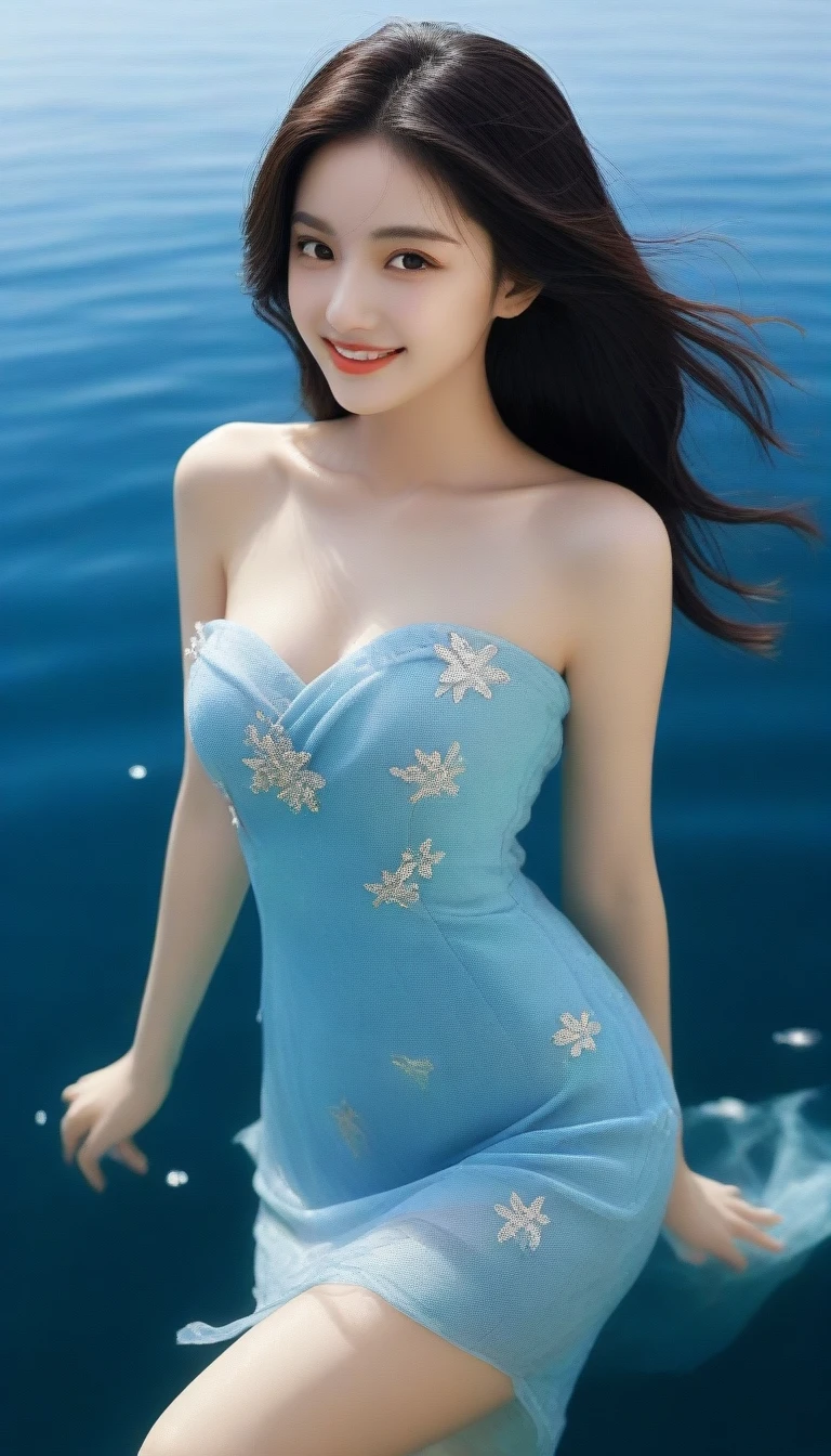 （（Top  Quality，8K，tmasterpiece：1.3）），focal：1.2，Perfect beauty：1.4，Essential，hindquarters：1.2，（（Layered Hair Style，nedium breasts：1.2）），（wetclothes：1.1），（sun setting，the ocean：1.3），Off-the-shoulder floral dress：1.1，Highly Detailed Face and Skin Textur，Narrow eyes，double eyelid，Whitens the skin，rnlong hair，（Keep one's mouth shut：1.3），Smile with，The beauty is unreal，Hairstyling design，Sitting in the ocean，Long legs，The Ocean Splash character has no other elements，(Best quality),(Ultra-detailed),(Masterpiece),(the wallpaper),looking at viewert,Delicate details,Bright eyes,light in face,Cinematic lighting,Sexy figure,Perfect body proportion,Blush,Black hair,Floating hair,(Long hair:1.3),fake smile,Bed,Absolute field,Smooth skin,Expose legs,Full body, ,Unity 8k wallpaper,Ultra detailed,Beautiful and aesthetic,Beautiful,Masterpiece,Best quality,,Lying,group picture,Sit in the water,