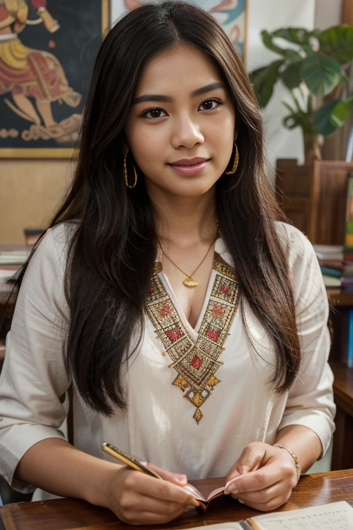 (best quality,4k,8k,highres,masterpiece:1.2),ultra-detailed,(realistic,photorealistic,photo-realistic:1.37),beautiful Indonesian woman with gorgeous eyes and long black hair,classroom setting with a blackboard and desks,sparkling eyes,big and bright smile,wearing a traditional Indonesian batik dress,gold earrings and necklace,detailed facial features like her rosy cheeks and flawless skin,books and notebooks on the desk,pencil and eraser in her hand,creative and studious expression,soft natural lighting,rich and vibrant colors depicting the Indonesian culture,portraits,Indonesian heritage,academic atmosphere,meticulous attention to detail,ethnic diversity in the background,beautiful patterned carpet.